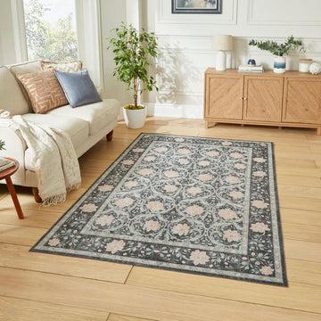 Washable Versailles H1424 Traditional Floral Border Distressed Soft Digitally Printed Lightweight Textured Polyester Flatweave Deep Dark Charcoal Blue/Slate Grey-Blue/Soft Blush Pink Rug-Think Rugs-Rug Love - The Most Loved Rug Store